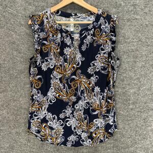 PerSeption Concept Blouse Women XL Blue Paisley Sleeveless Wide Strap Casual